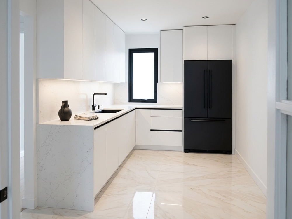 AI concept of the same kitchen remodeled in a modern white and black style